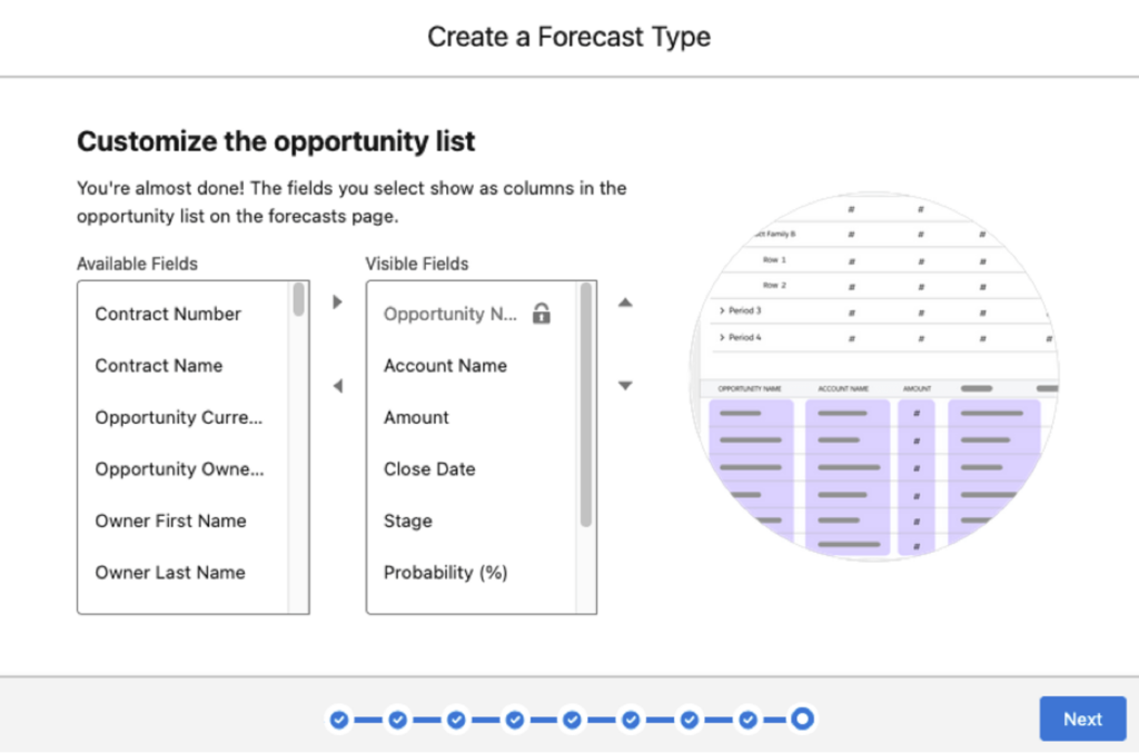 Wizard for creating a Forecast type - Customize the opportunity list