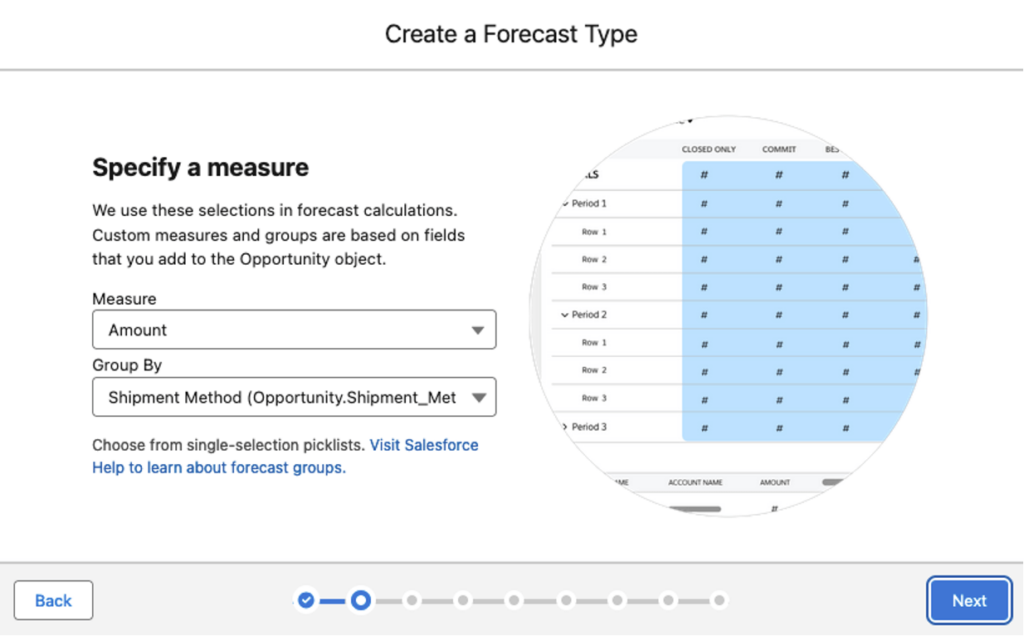 Wizard for creating a Forecast type - Specifying a measure